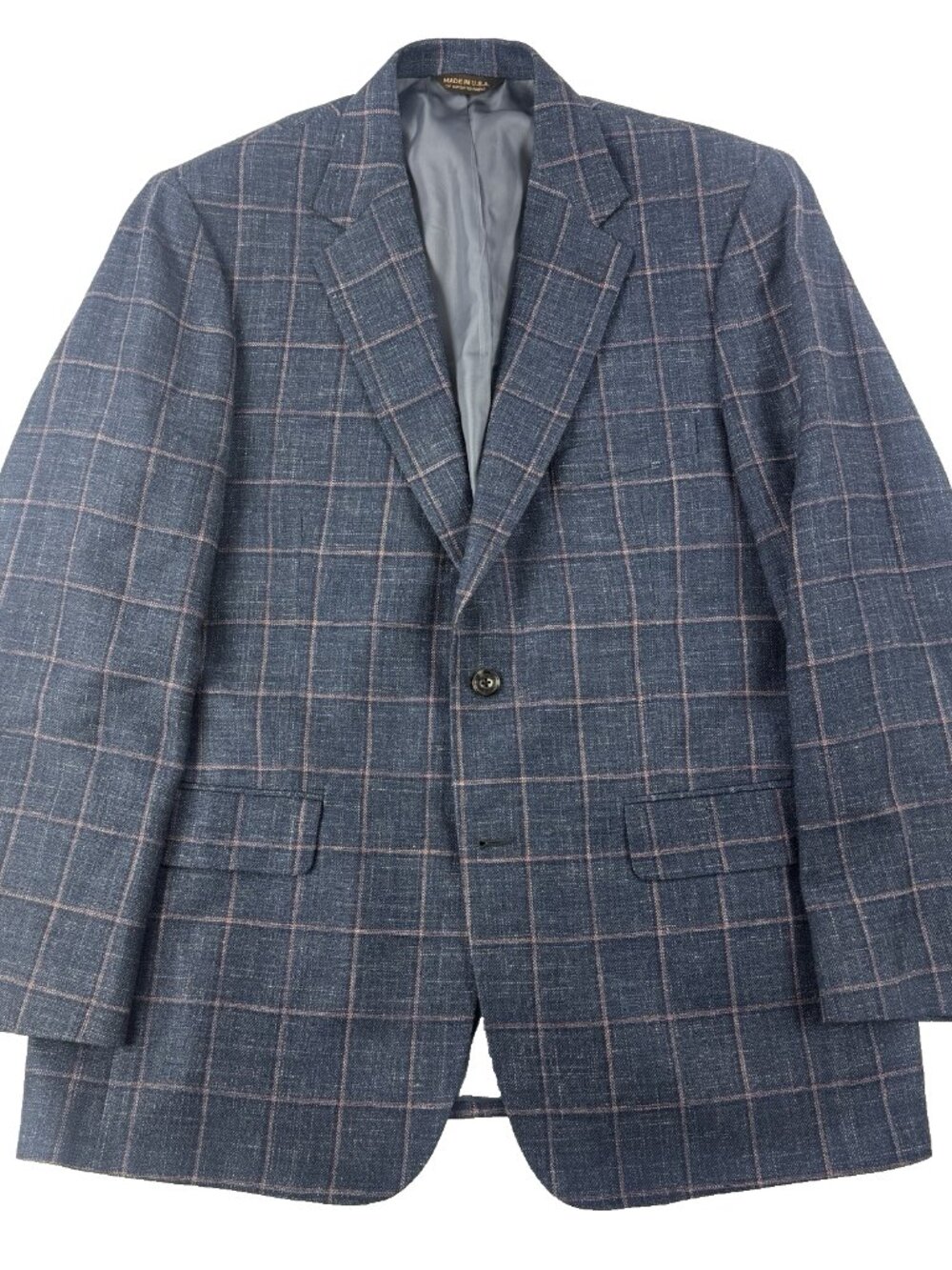 Southwick Wool Linen Silk Summer Sport Coat Blue Windowpane Glen Plaid 42R USA